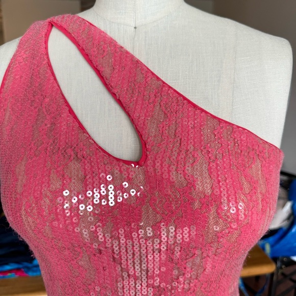 Aidan by Aidan Mattox Pink Sequin Lace One Shoulder Formal Dress Gown Size 2 - Picture 10 of 11